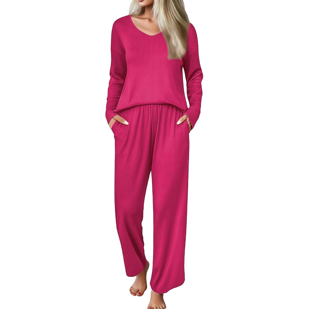 image:imageEkouaer Womens Pajama Set Ribbed Knit PJs Comfy Long Sleeve Top and PantsRose Red