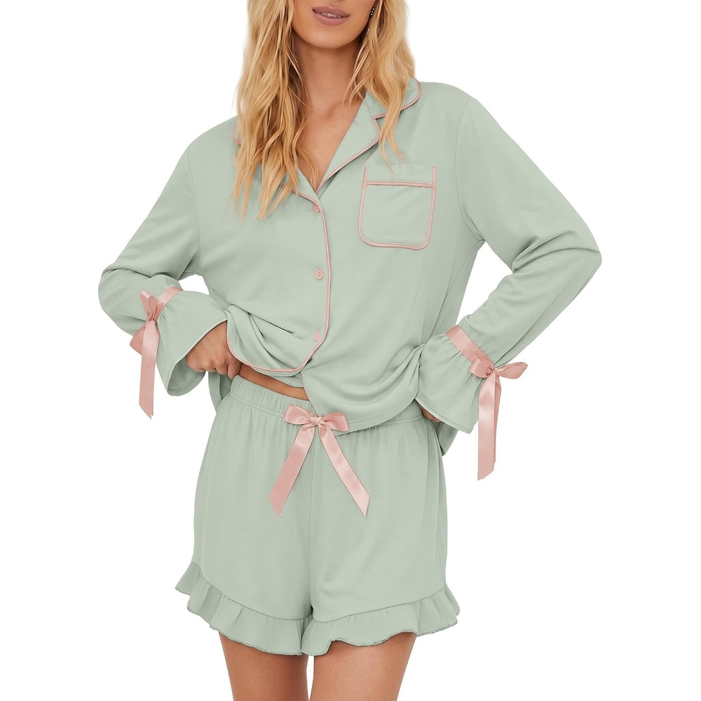 image:imageEkouaer Womens Pajamas Long Sleeve and Shorts Cute Ruffle Pjs Lounge Set Button Down Notch Collar SleepwearComfy Soft Loungewearfor Bridal BridesmaidGiftDailyXSXXLLight Green