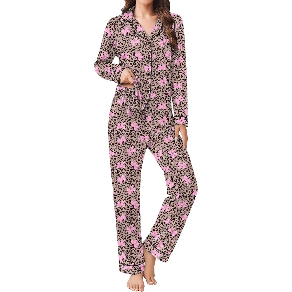 image:imageEkouaer Womens Pajamas Set Button Down Long Sleeve Top amp Pants Lounge Sets Soft Sleepwear Classic notch collar ideal for Home relaxation Wedding Party Daily Wear amp BreastfeedingLeopard Bow