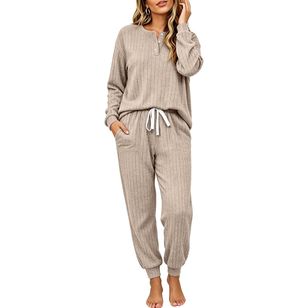 image:imageEkouaer Womens Pajamas Set Knit Pjs Long Sleeve Lounge Set Soft Loungewear  Jogger PantsCasual Lounge SetsComfy Pjs Long Sleeve Knit Ribbed Fall Winter Sleepwear with PocketsTea Grey