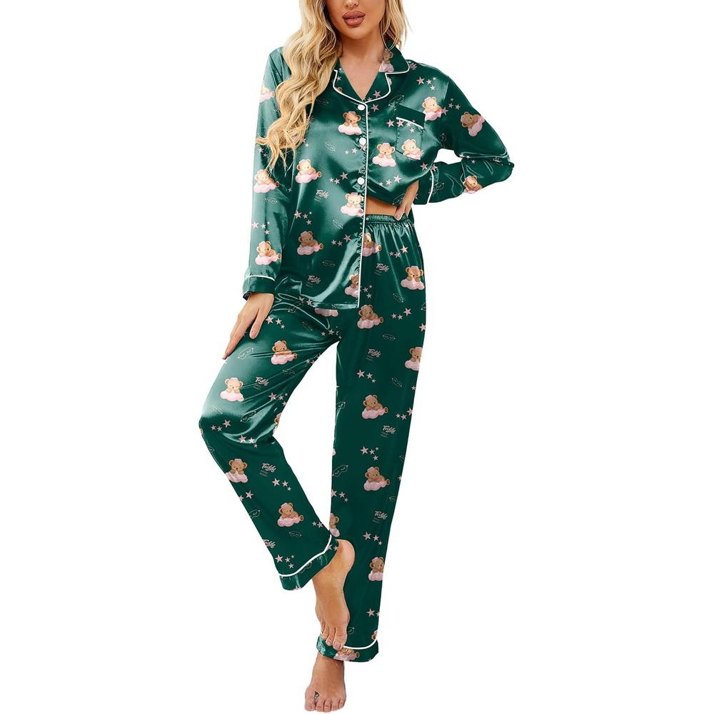 image:imageEkouaer Womens Satin Silky Pajama Set Classic Pattern Button Down Pjs Set Soft Fabric Long Sleeve Notch Collar with Contrast Piping Chest Pocket Gifting SleepwearGreen Teddy 03