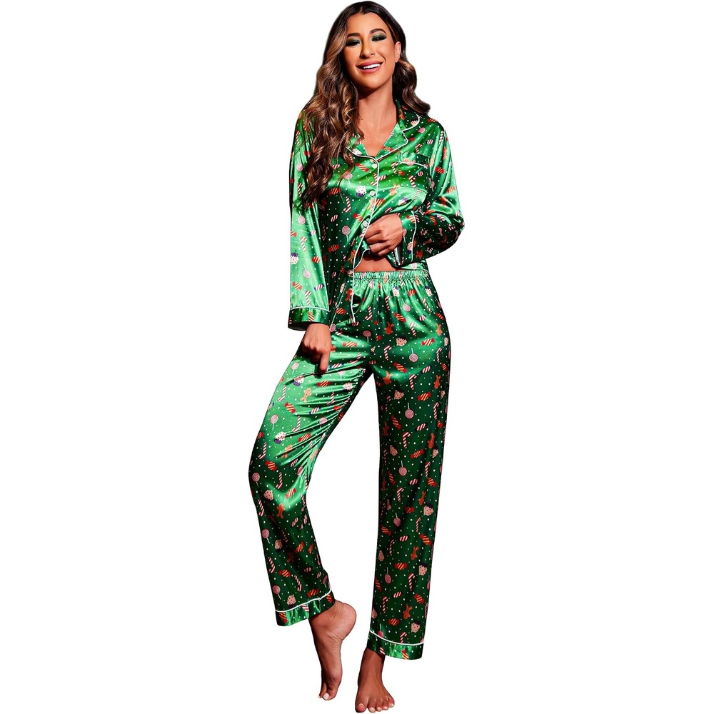image:imageEkouaer Womens Satin Silky Pajama Set Classic Pattern Button Down Pjs Set Soft Fabric Long Sleeve Notch Collar with Contrast Piping Chest Pocket Gifting SleepwearGreen Christmas 03