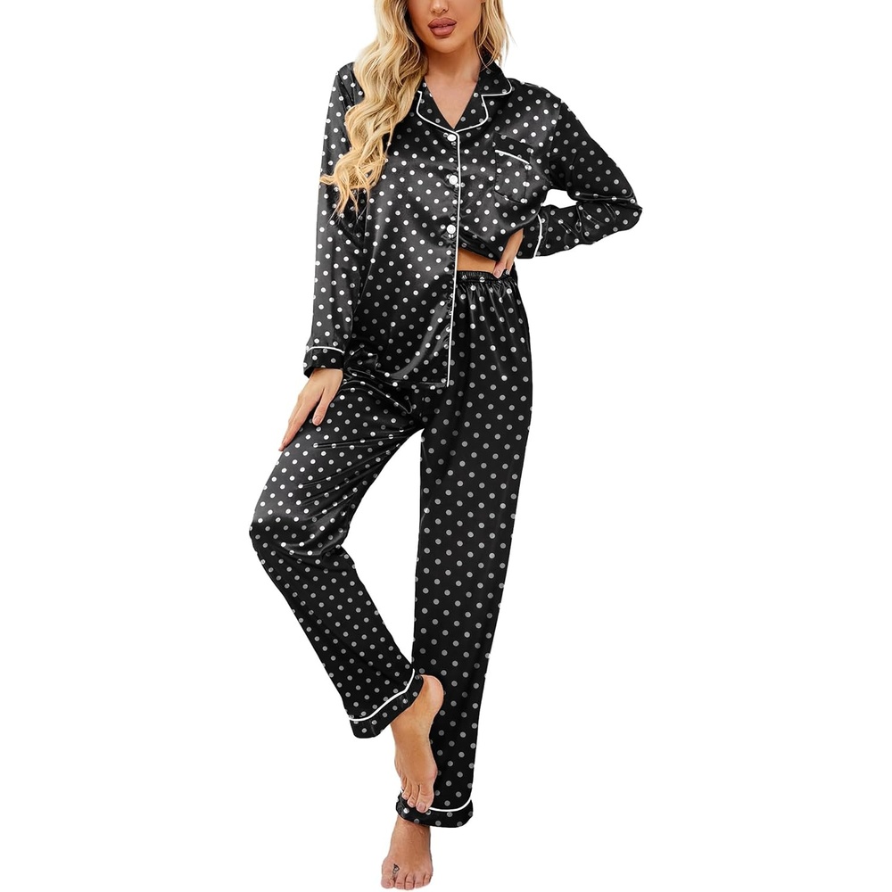 image:imageEkouaer Womens Satin Silky Pajama Set Classic Pattern Button Down Pjs Set Soft Fabric Long Sleeve Notch Collar with Contrast Piping Chest Pocket Gifting SleepwearBlack Dots 03