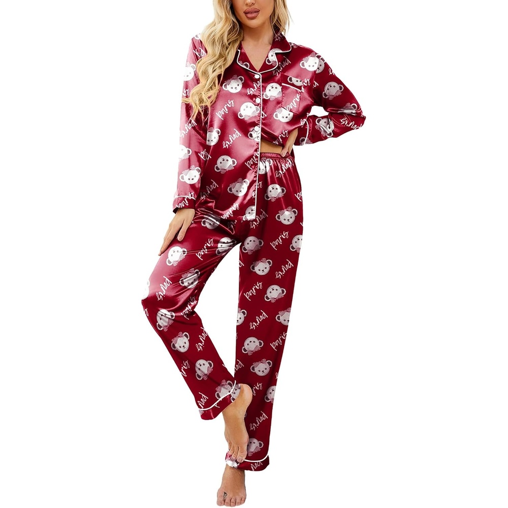 image:imageEkouaer Womens Satin Silky Pajama Set Classic Pattern Button Down Pjs Set Soft Fabric Long Sleeve Notch Collar with Contrast Piping Chest Pocket Gifting SleepwearRed Teddy 03