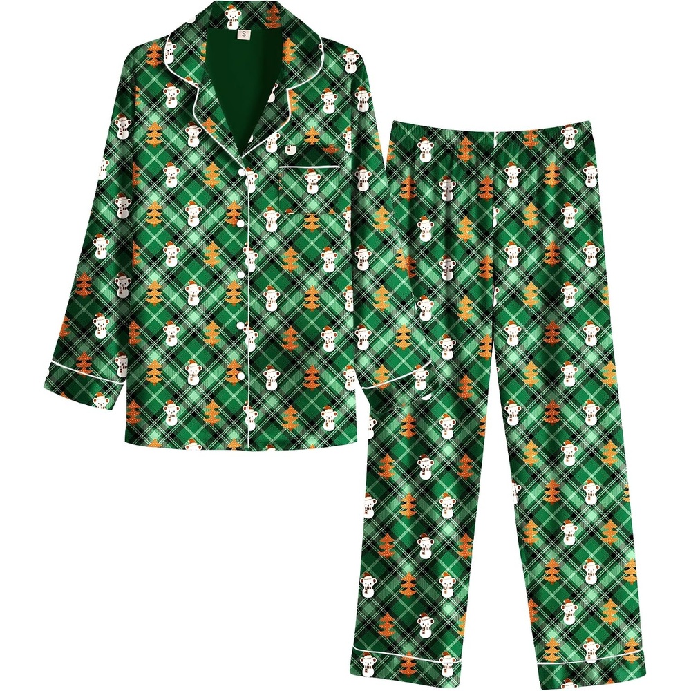 image:imageEkouaer Womens Satin Silky Pajama Set Classic Pattern Button Down Pjs Set Soft Fabric Long Sleeve Notch Collar with Contrast Piping Chest Pocket Gifting SleepwearGreen Christmas Teddy 02
