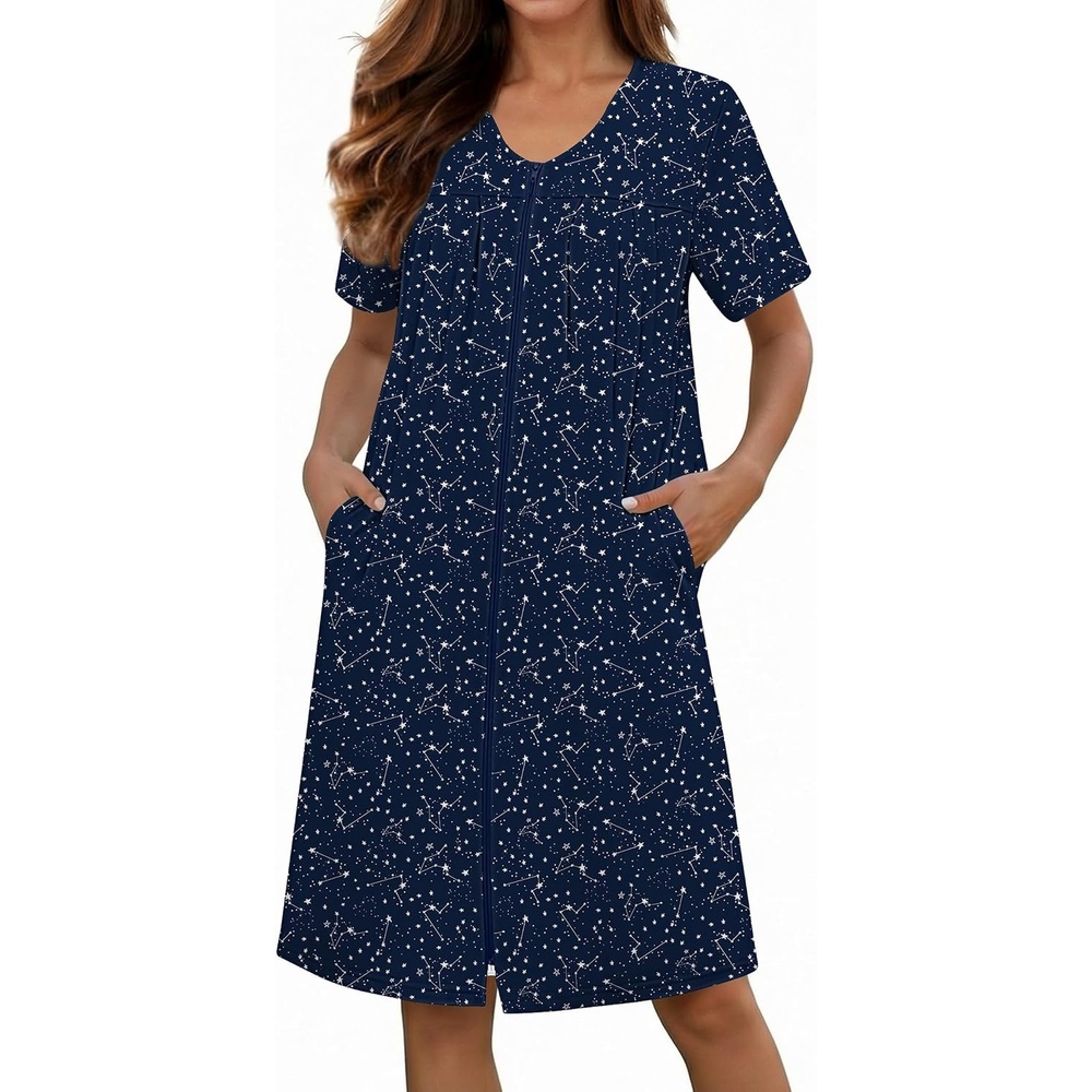 image:imageEkouaer Zipper Robes for Women Short Knit Lightweight Bathrobe with Pockets Short Sleeve Two Pockets Zip Up Robes House Coats for Women Soft Lightweight Fabric Sleepwear Travel AirportNavy Blue Star