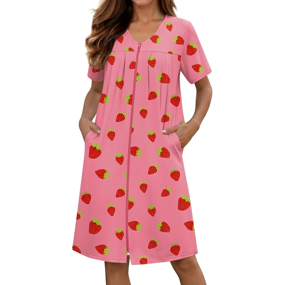 image:imageEkouaer Zipper Robes for Women Short Knit Lightweight Bathrobe with Pockets Short Sleeve Two Pockets Zip Up Robes House Coats for Women Soft Lightweight Fabric Sleepwear Travel AirportPink Strawberry