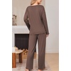 Ekouaer Womens Pajama Set Ribbed Knit PJs Comfy Long Sleeve Top and Pants(Brown)