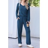 Ekouaer Womens Pajama Set Ribbed Knit PJs Comfy Long Sleeve Top and Pants(Navy Blue)