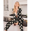Ekouaer Womens Satin Silky Pajama Set Classic Pattern Button Down Pjs Set | Soft Fabric, Long Sleeve Notch Collar with Contrast Piping, Chest Pocket, Gifting Sleepwear(Black Teddy Moon)