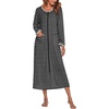 Ekouaer Women Robe Zipper House Coat Full Length Nightgowns with Pockets | Pockets, V Neck, Soft and Comfy(Black Stripe)