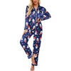 Ekouaer Womens Satin Silky Pajama Set Classic Pattern Button Down Pjs Set | Soft Fabric, Long Sleeve Notch Collar with Contrast Piping, Chest Pocket, Gifting Sleepwear(Navy Christmas 03)