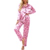 Ekouaer Womens Satin Silky Pajama Set Classic Pattern Button Down Pjs Set | Soft Fabric, Long Sleeve Notch Collar with Contrast Piping, Chest Pocket, Gifting Sleepwear(Pink Bow 03)