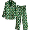 Ekouaer Womens Satin Silky Pajama Set Classic Pattern Button Down Pjs Set | Soft Fabric, Long Sleeve Notch Collar with Contrast Piping, Chest Pocket, Gifting Sleepwear(Green Christmas Teddy 02)