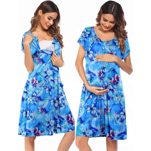 Ekouaer Labor Delivery Gown Nursing Braeastfeeding Dress Maternity Clothes(Blue&green Flower)