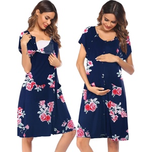 Ekouaer Labor Delivery Gown Nursing Braeastfeeding Dress Maternity Clothes(Navy Blue&pink Flower)