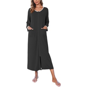 Ekouaer Women Robe Zipper House Coat Full Length Nightgowns with Pockets | Pockets, V Neck, Soft and Comfy(Black)