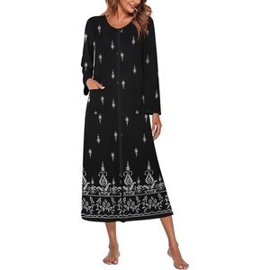 Ekouaer Women Robe Zipper House Coat Full Length Nightgowns with Pockets | Pockets, V Neck, Soft and Comfy(Black Ethnic Print)