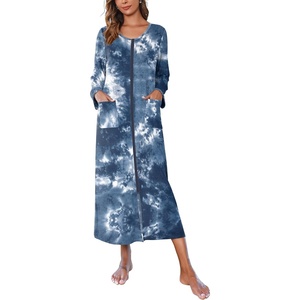 Ekouaer Women Robe Zipper House Coat Full Length Nightgowns with Pockets | Pockets, V Neck, Soft and Comfy(Blue Tie Dye)