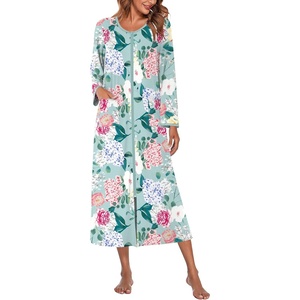 Ekouaer Women Robe Zipper House Coat Full Length Nightgowns with Pockets | Pockets, V Neck, Soft and Comfy(Green Floral)