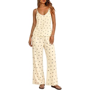 Ekouaer Womens Cami Pajamas Set Y2K 2 Piece Lace Trim PJs Set Sleepwear | Buttery Soft,Loungewear,Adjustable Spaghetti Straps,Side Pockets,Trendy Cami Sleepwear,Lounging,Vacation,XS-2XL(Cherry-light Yellow)