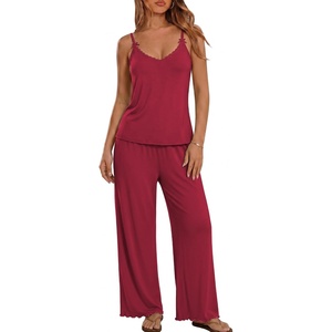 Ekouaer Womens Cami Pajamas Set Y2K 2 Piece Lace Trim PJs Set Sleepwear | Buttery Soft,Loungewear,Adjustable Spaghetti Straps,Side Pockets,Trendy Cami Sleepwear,Lounging,Vacation,XS-2XL(Deep Red)
