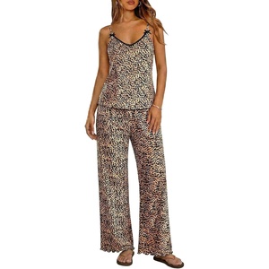 Ekouaer Womens Cami Pajamas Set Y2K 2 Piece Lace Trim PJs Set Sleepwear | Buttery Soft,Loungewear,Adjustable Spaghetti Straps,Side Pockets,Trendy Cami Sleepwear,Lounging,Vacation,XS-2XL(Brown Leopard)