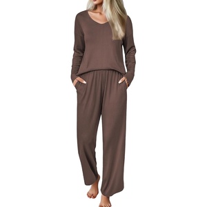 Ekouaer Womens Pajama Set Ribbed Knit PJs Comfy Long Sleeve Top and Pants(Brown)