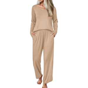 Ekouaer Womens Pajama Set Ribbed Knit PJs Comfy Long Sleeve Top and Pants(Khaki)
