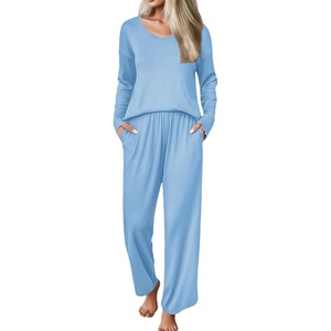 Ekouaer Womens Pajama Set Ribbed Knit PJs Comfy Long Sleeve Top and Pants(Light Blue)