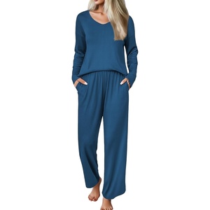 Ekouaer Womens Pajama Set Ribbed Knit PJs Comfy Long Sleeve Top and Pants(Navy Blue)