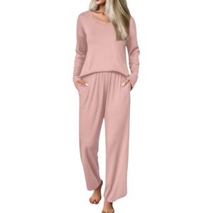 Ekouaer Womens Pajama Set Ribbed Knit PJs Comfy Long Sleeve Top and Pants(Pink)