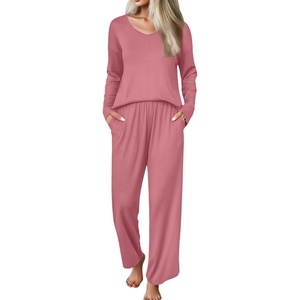 Ekouaer Womens Pajama Set Ribbed Knit PJs Comfy Long Sleeve Top and Pants(Red Purple)