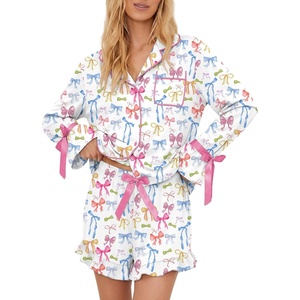 Ekouaer Womens Pajamas Long Sleeve and Shorts Cute Ruffle Pjs Lounge Set | Button Down Notch Collar Sleepwear,Comfy Soft Loungewear,for Bridal Bridesmaid,Gift,Daily,XS-XXL(White Bow)