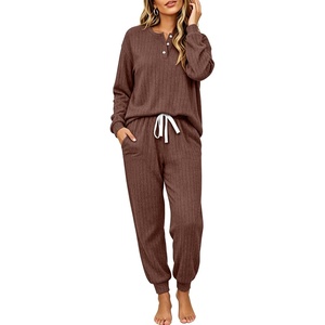 Ekouaer Womens Pajamas Set Knit Pjs Long Sleeve Lounge Set Soft Loungewear | Jogger Pants,Casual Lounge Sets,Comfy Pjs Long Sleeve Knit Ribbed Fall Winter Sleepwear with Pockets(Brown)