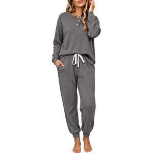 Ekouaer Womens Pajamas Set Knit Pjs Long Sleeve Lounge Set Soft Loungewear | Jogger Pants,Casual Lounge Sets,Comfy Pjs Long Sleeve Knit Ribbed Fall Winter Sleepwear with Pockets(Dark Grey)