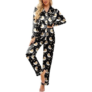 Ekouaer Womens Satin Silky Pajama Set Classic Pattern Button Down Pjs Set | Soft Fabric, Long Sleeve Notch Collar with Contrast Piping, Chest Pocket, Gifting Sleepwear(Black Teddy Moon)