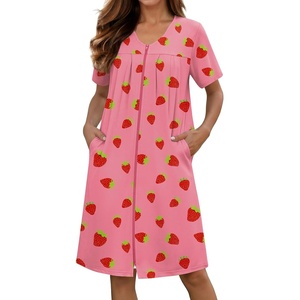 Ekouaer Zipper Robes for Women Short Knit Lightweight Bathrobe with Pockets | Short Sleeve, Two Pockets, Zip Up Robes, House Coats for Women, Soft Lightweight Fabric, Sleepwear, Travel, Airport(Pink Strawberry)