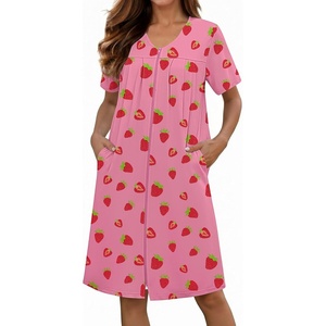 Ekouaer Zipper Robes for Women Short Knit Lightweight Bathrobe with Pockets | Short Sleeve, Two Pockets, Zip Up Robes, House Coats for Women, Soft Lightweight Fabric, Sleepwear, Travel, Airport(Strawberry)