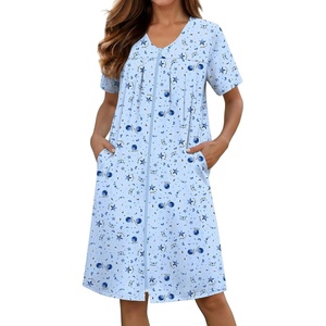 Ekouaer Zipper Robes for Women Short Knit Lightweight Bathrobe with Pockets | Short Sleeve, Two Pockets, Zip Up Robes, House Coats for Women, Soft Lightweight Fabric, Sleepwear, Travel, Airport(Blue Moon Star)