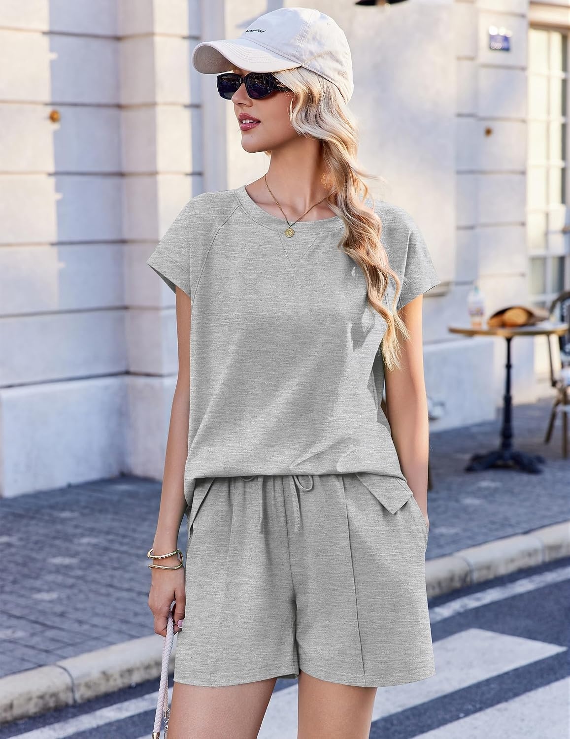 image:imageEkouaer Cotton Pajamas for Women Set 2 Piece Cap Sleeve Lounge Sets Soft Casual Summer Fall Crew Neck Matching Sets Travel Vacation Outfits With Pockets for Daily WearLight Heather Grey