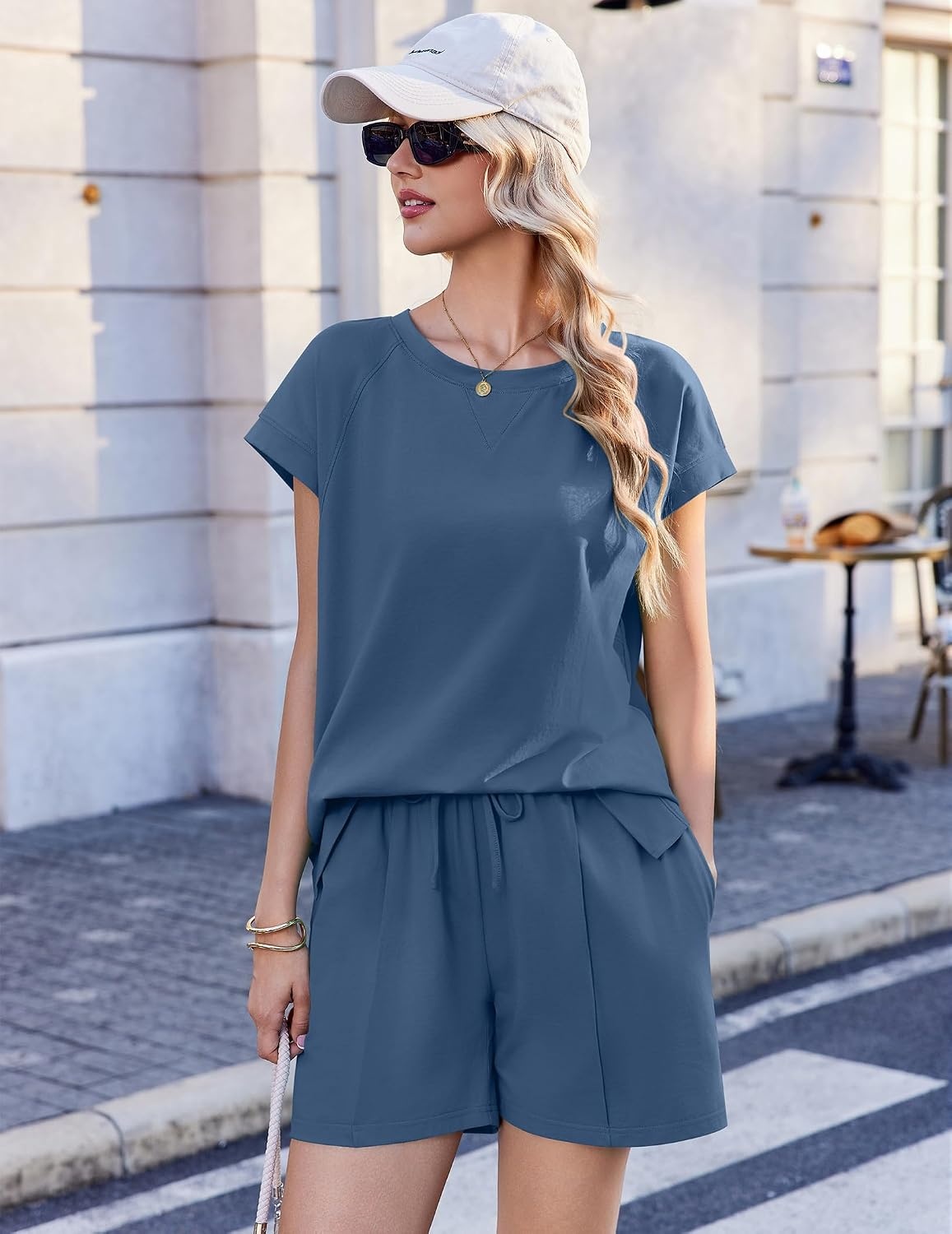 image:imageEkouaer Cotton Pajamas for Women Set 2 Piece Cap Sleeve Lounge Sets Soft Casual Summer Fall Crew Neck Matching Sets Travel Vacation Outfits With Pockets for Daily WearNavy Blue