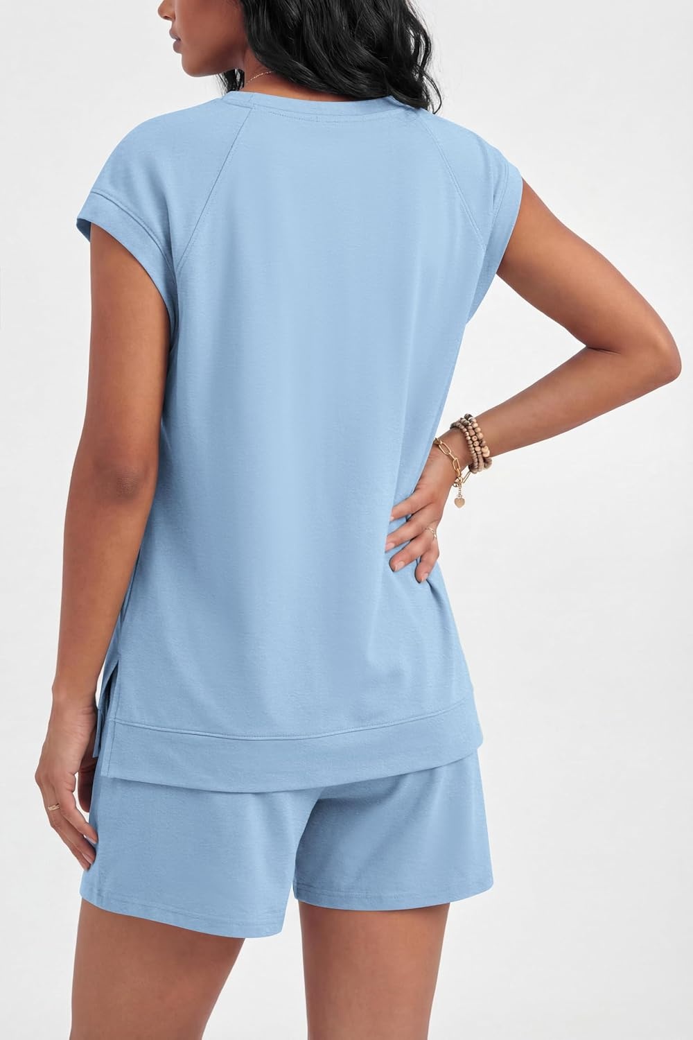 image:imageEkouaer Cotton Pajamas for Women Set 2 Piece Cap Sleeve Lounge Sets Soft Casual Summer Fall Crew Neck Matching Sets Travel Vacation Outfits With Pockets for Daily WearLight Blue