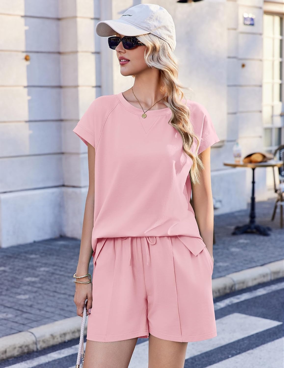 image:imageEkouaer Cotton Pajamas for Women Set 2 Piece Cap Sleeve Lounge Sets Soft Casual Summer Fall Crew Neck Matching Sets Travel Vacation Outfits With Pockets for Daily WearPink