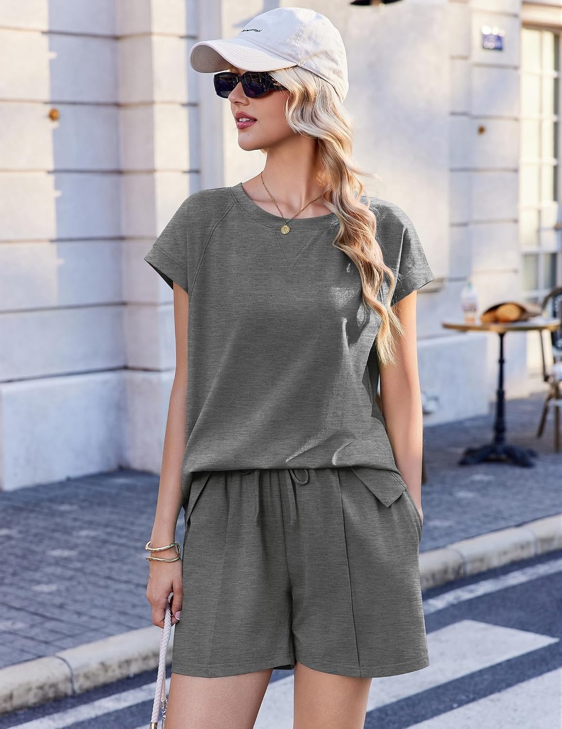 image:imageEkouaer Cotton Pajamas for Women Set 2 Piece Cap Sleeve Lounge Sets Soft Casual Summer Fall Crew Neck Matching Sets Travel Vacation Outfits With Pockets for Daily WearMedium Heather Grey