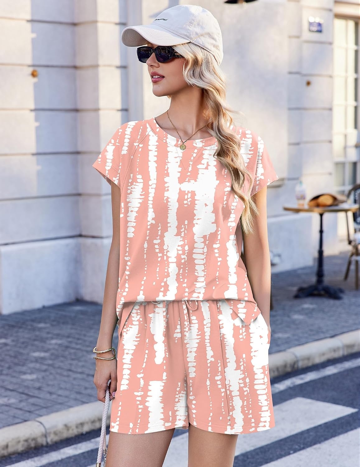 image:imageEkouaer Cotton Pajamas for Women Set 2 Piece Cap Sleeve Lounge Sets Soft Casual Summer Fall Crew Neck Matching Sets Travel Vacation Outfits With Pockets for Daily WearTiedye Pink