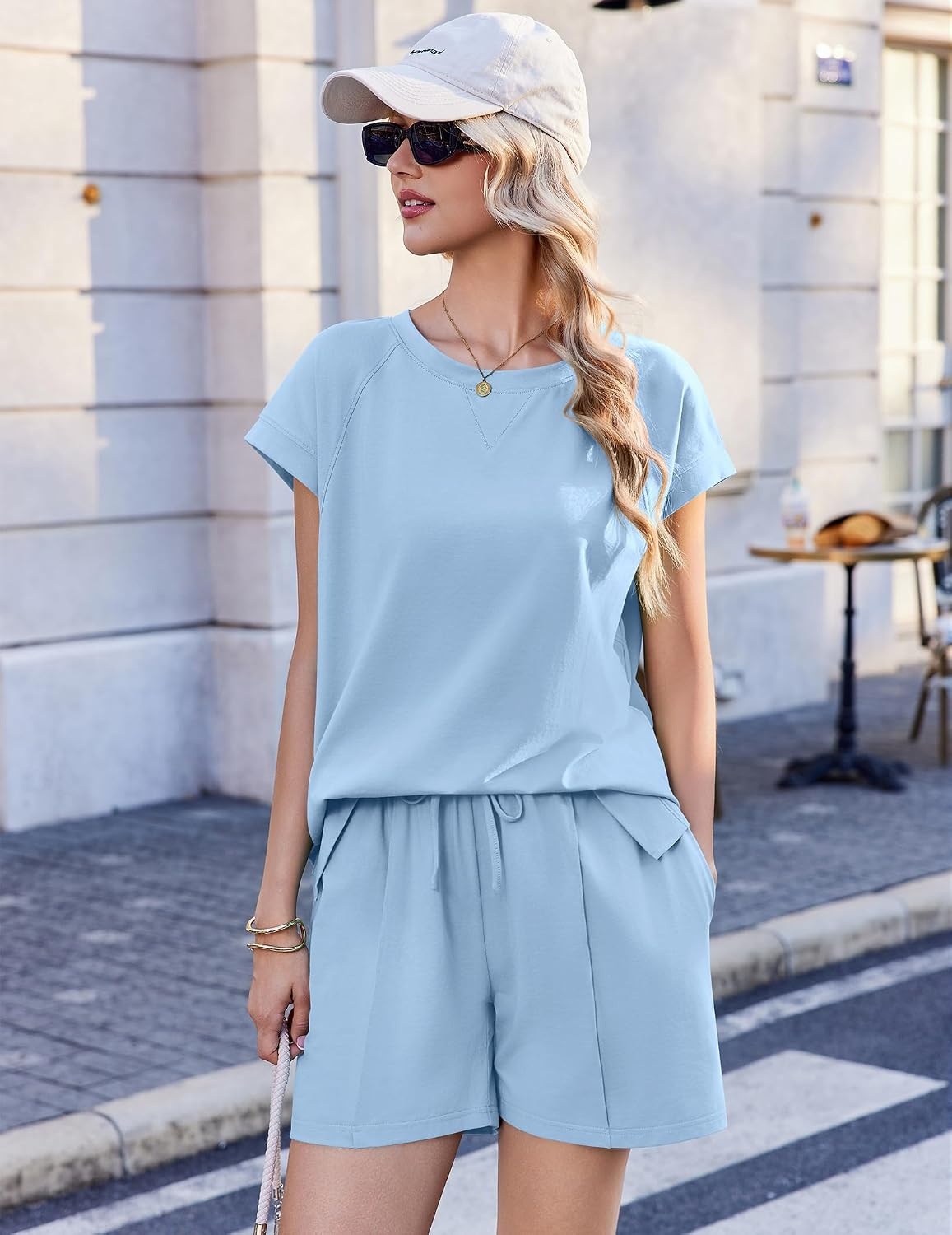 image:imageEkouaer Cotton Pajamas for Women Set 2 Piece Cap Sleeve Lounge Sets Soft Casual Summer Fall Crew Neck Matching Sets Travel Vacation Outfits With Pockets for Daily WearLight Blue