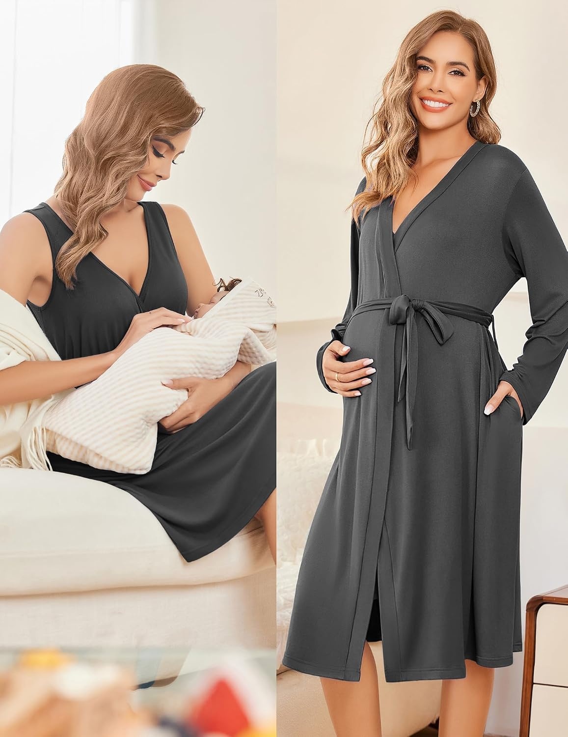 image:imageEkouaer Maternity Nursing Gown and Robe Set Labor Delivery Nightgowns Birthing Hospital Gowns Skinfriendly Postpartum Clothes Split Front Flap Elastic Waistline Perfect for Pregnant MommasDarkgrey