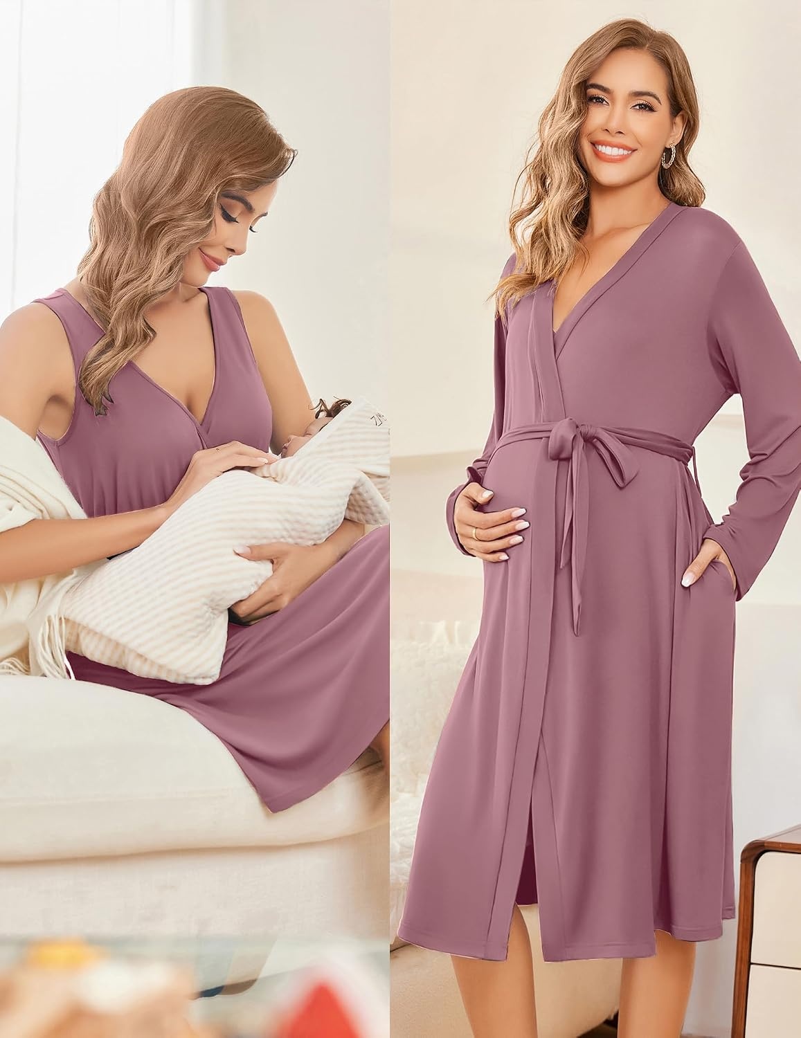 image:imageEkouaer Maternity Nursing Gown and Robe Set Labor Delivery Nightgowns Birthing Hospital Gowns Skinfriendly Postpartum Clothes Split Front Flap Elastic Waistline Perfect for Pregnant MommasGrey Red