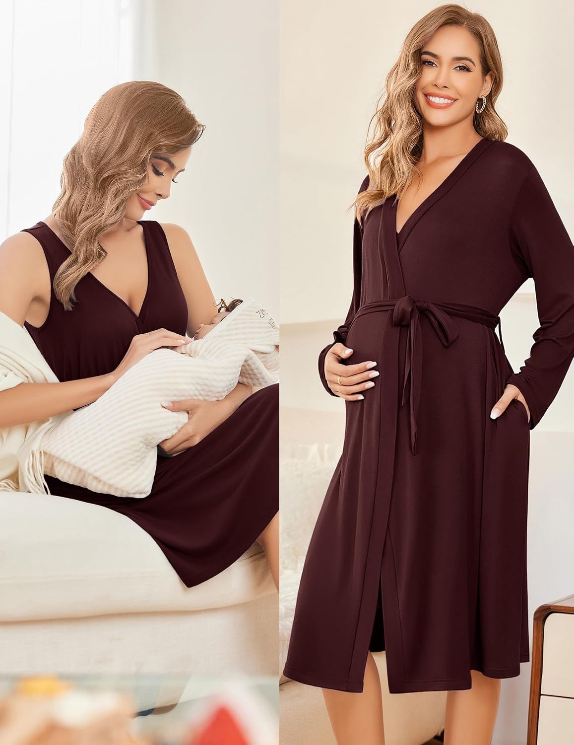 image:imageEkouaer Maternity Nursing Gown and Robe Set Labor Delivery Nightgowns Birthing Hospital Gowns Skinfriendly Postpartum Clothes Split Front Flap Elastic Waistline Perfect for Pregnant MommasMaroon